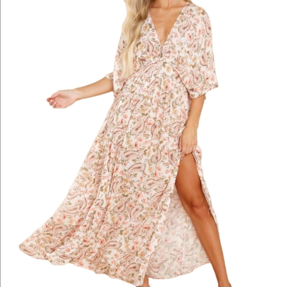 Aura Women's Floral‎ Paisley Boho Beachy Cottagecore Babydoll Split Dress size S
